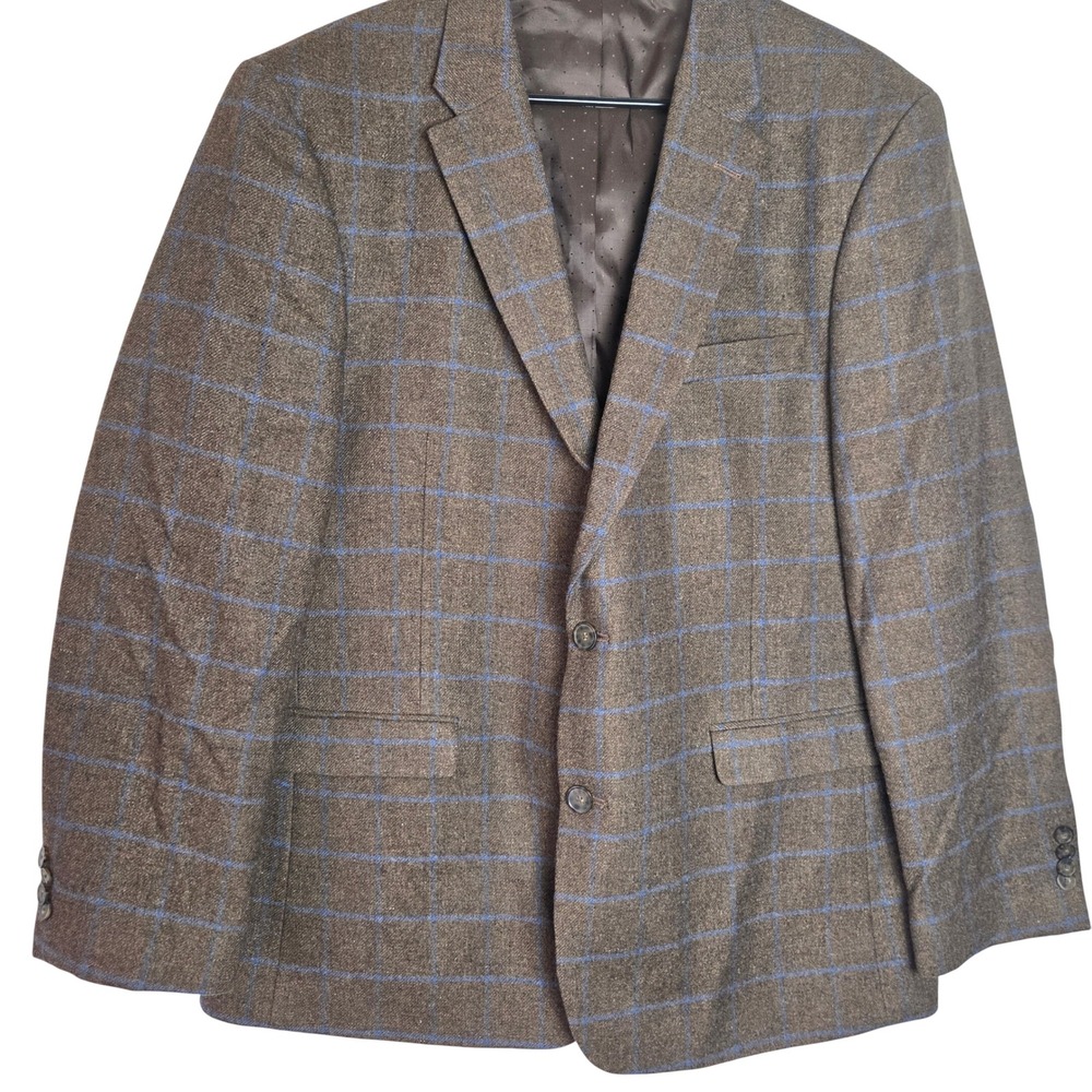 Tommy Hilfiger Sport Coat 46R Brown Blue Windowpane Wool Blend Blazer Men's